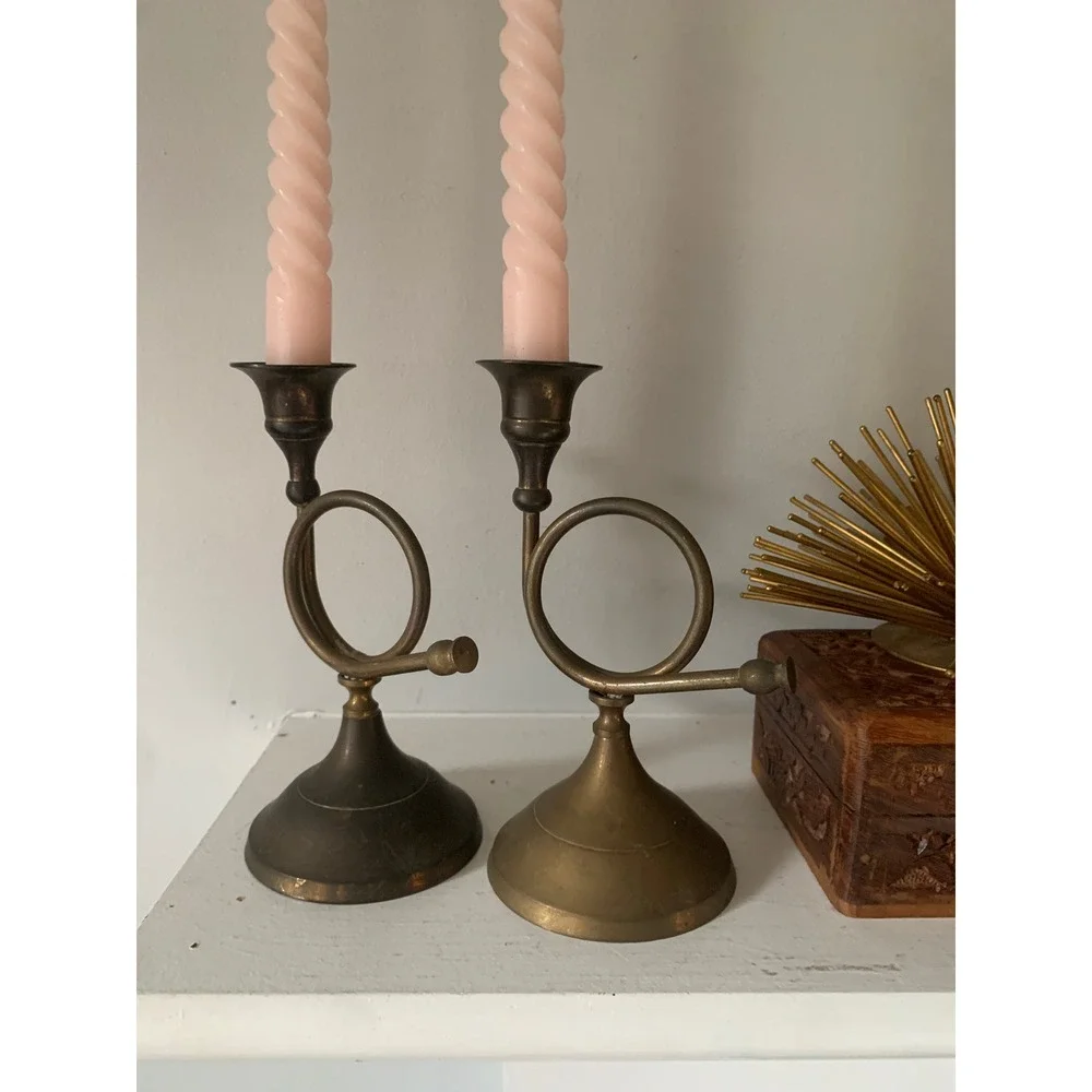 2 Vintage Brass French Horn Candlestick Holders Pair Musical Taper Candle Stands